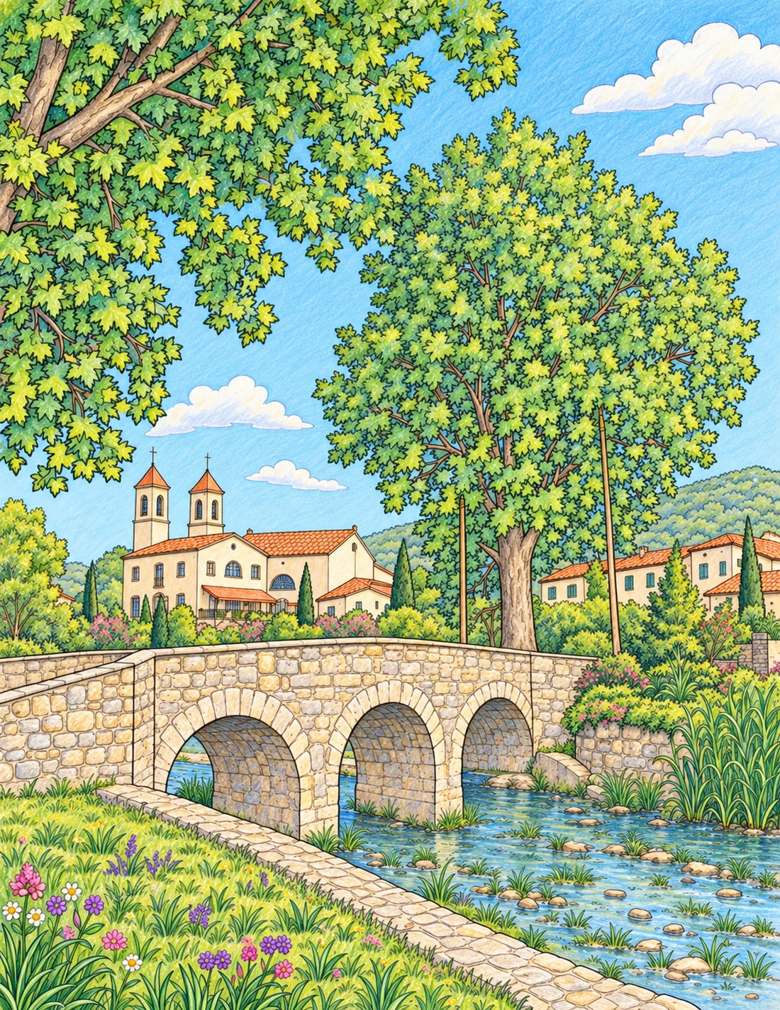 Interprétation en couleur du pont et de l’église, parmi les arbres